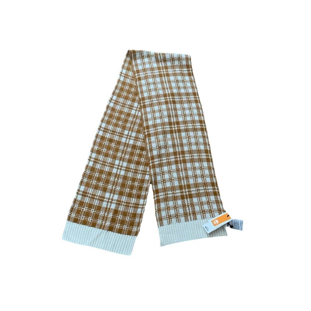 Timberland Scarf Tan Cream Acrylic Plaid One Size Winter Logo 67” NWT